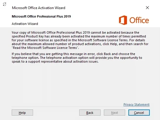 Microsoft Office Activation Wizard showing the maximum activation attempts reached message