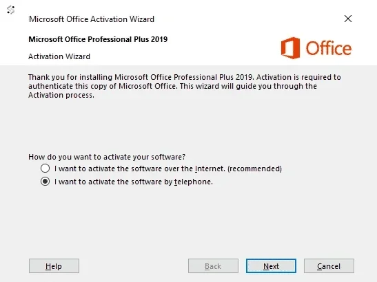Microsoft Office phone activation options screen