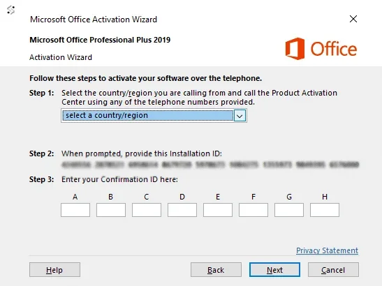Microsoft Office Installation ID and Confirmation ID entry screen